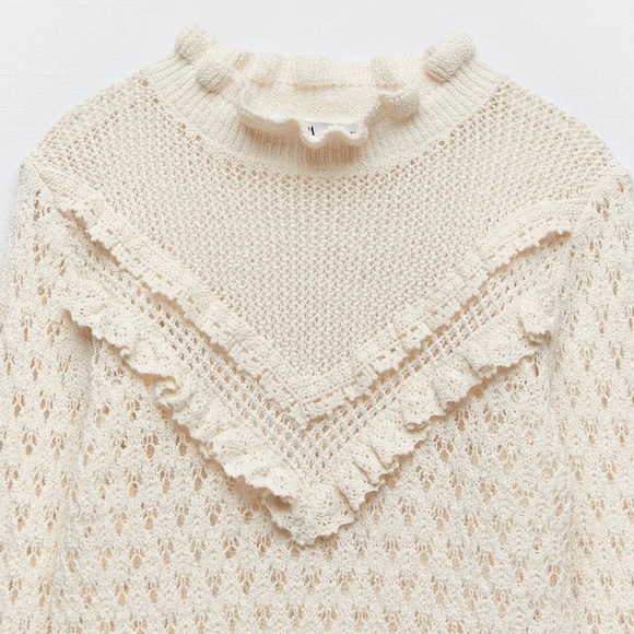 ZARA CROCHET POINTELLE RUFFLE SWEATER - Picture 8 of 10
